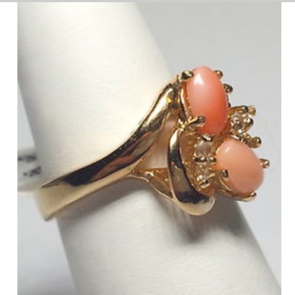 Gold Peach Coral CZ Cocktail Statement Ring Size 6 - Picture 3 of 8